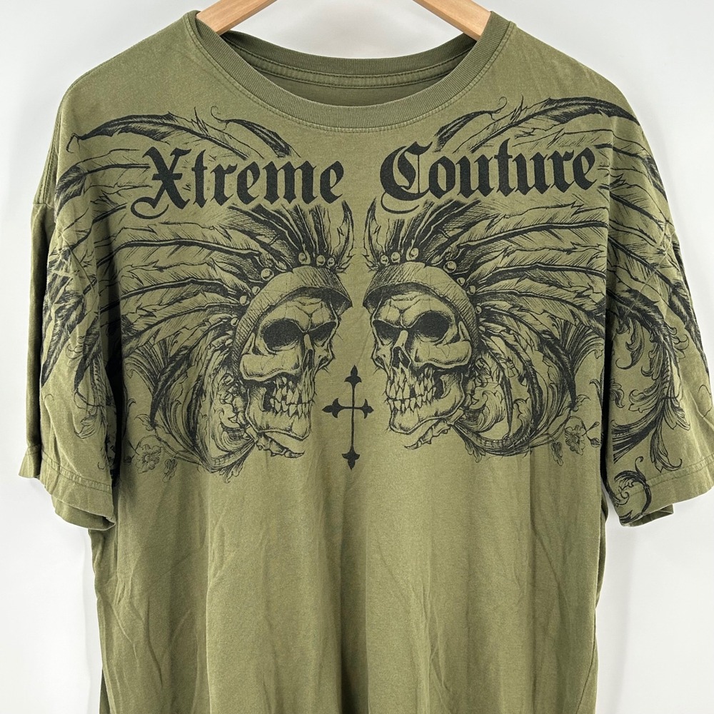 Xtreme Couture Mens XL T-Shirt Olive Green Skull Headdress Graphic MMA Biker Tee